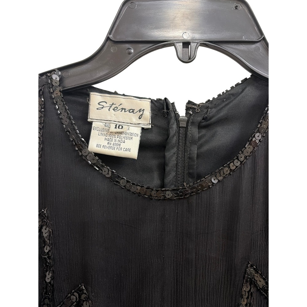 Silk Gown Beaded Vintage Stenay Womens 10 Black Sequin Art Deco Evening Dress - Picture 2 of 6
